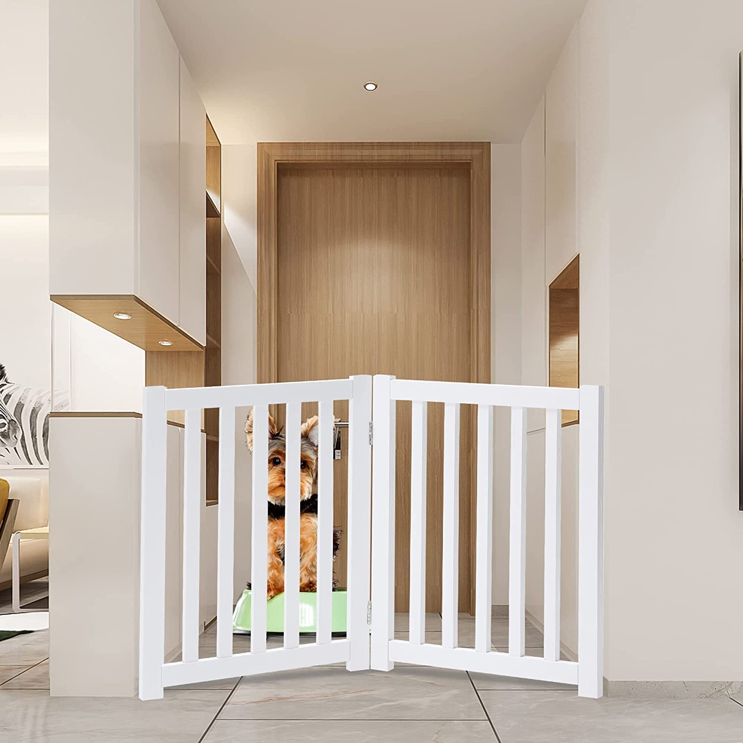2-Panel Wooden Free Standing Foldable Dog Gate Indoor – Solid Hardwood 24" High, Step-Over Safety Pet Gate for Doorways, Stairs & Small Spaces - Indoor Use, White